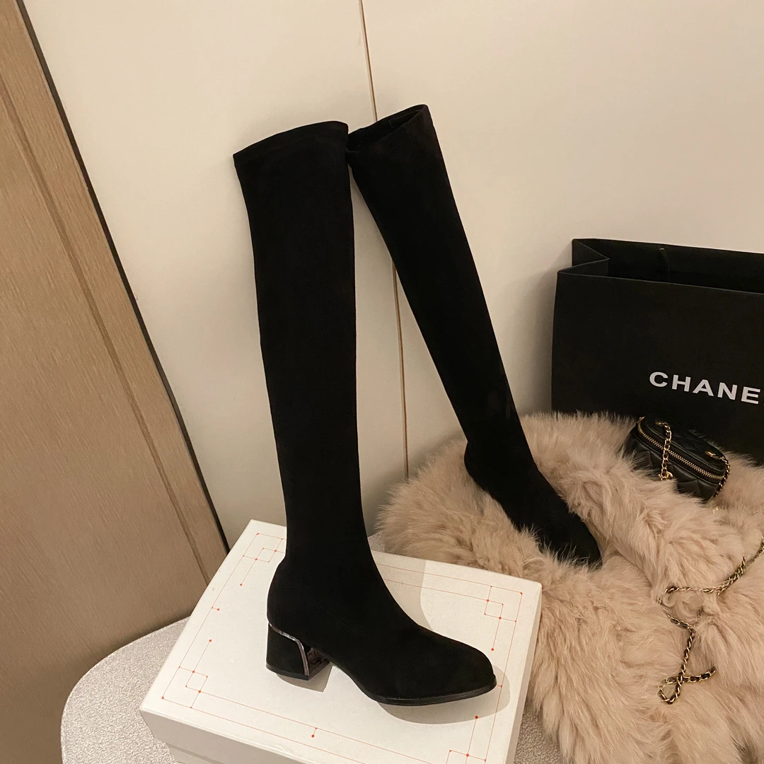 圆头弹力瘦瘦靴2025秋冬高跟显瘦显高粗跟不掉筒中跟加绒长筒靴女