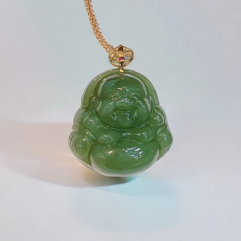 18K金扣头镶嵌25*25*10mm和田玉碧玉猫眼佛公吊坠HNZ5910