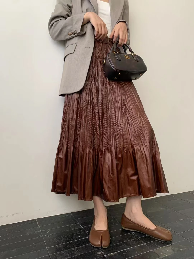 重工褶皱松紧腰半身裙显瘦百褶裙