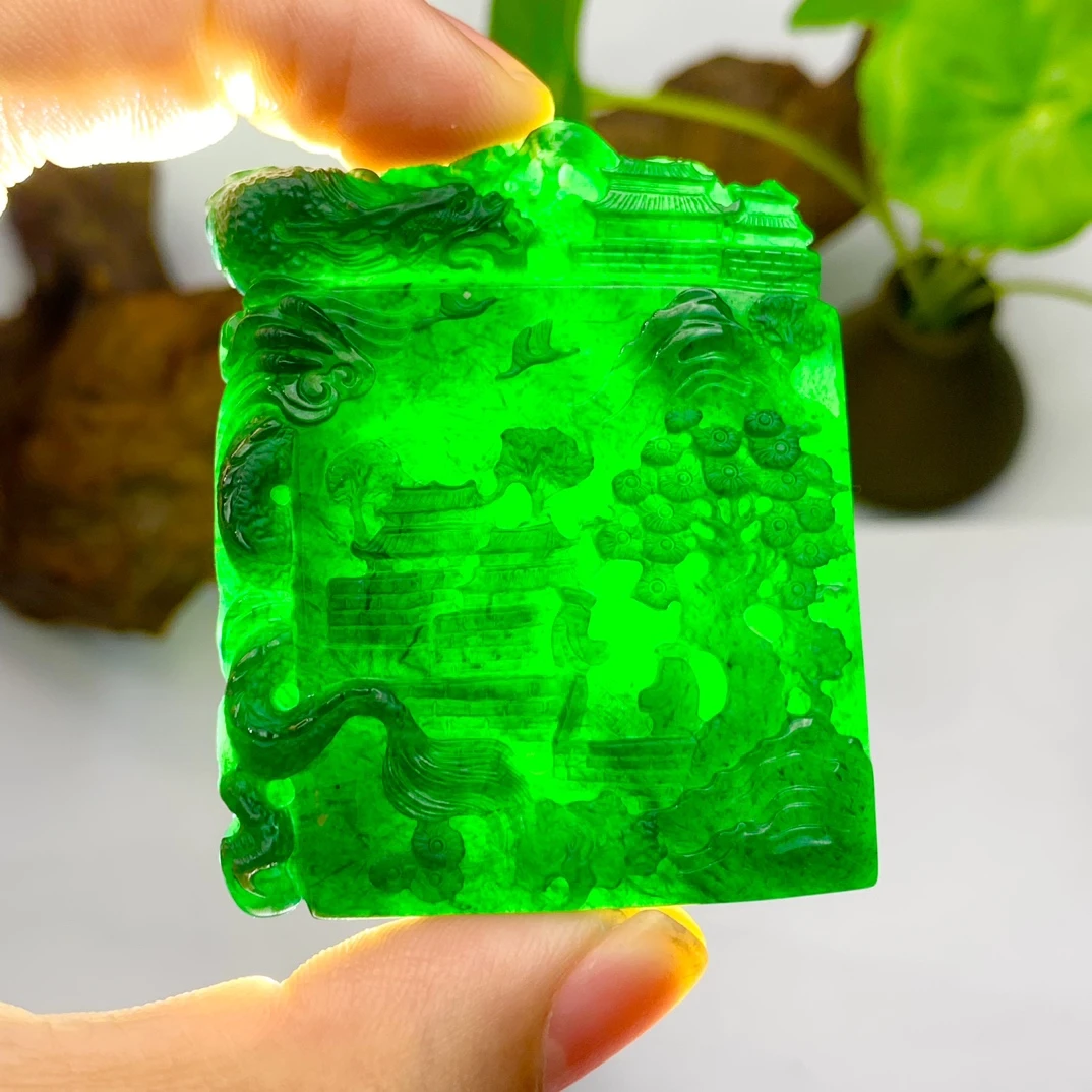 天然翡翠A货墨翠《山水·府上有龙》顺丰特快立体雕刻高冰精雕