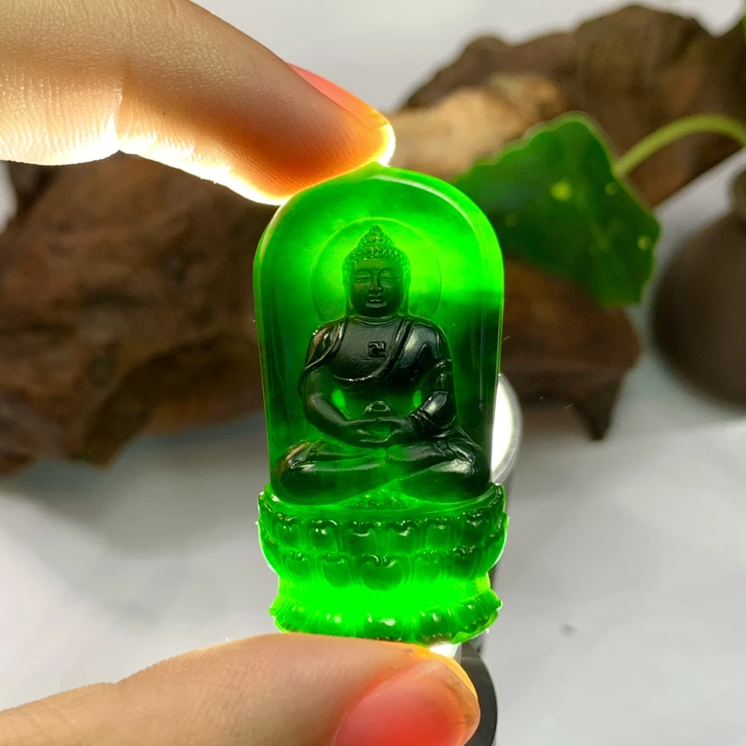 天然翡翠A货墨翠《大日如来》顺丰特快立体雕刻冰透精雕