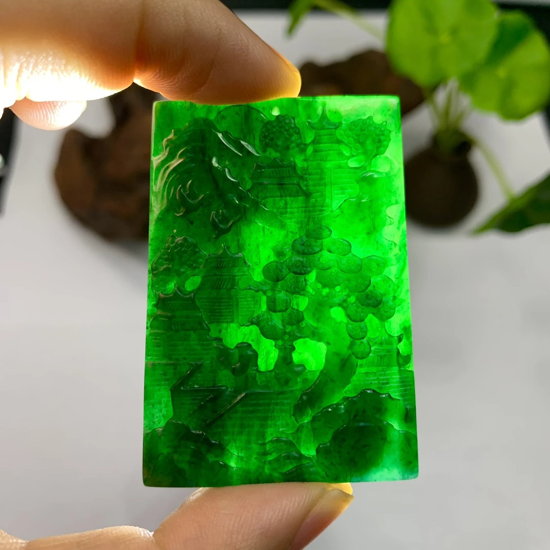 天然翡翠A货墨翠《山水牌》顺丰特快立体雕刻冰透精雕双面绿色