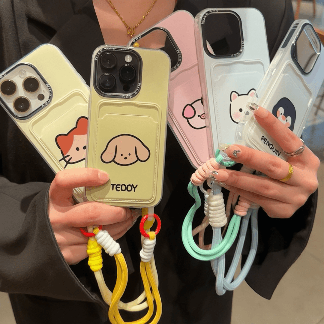 新款动物头像卡包挂绳iphone15手机壳苹果14/13pro防摔12软11可爱