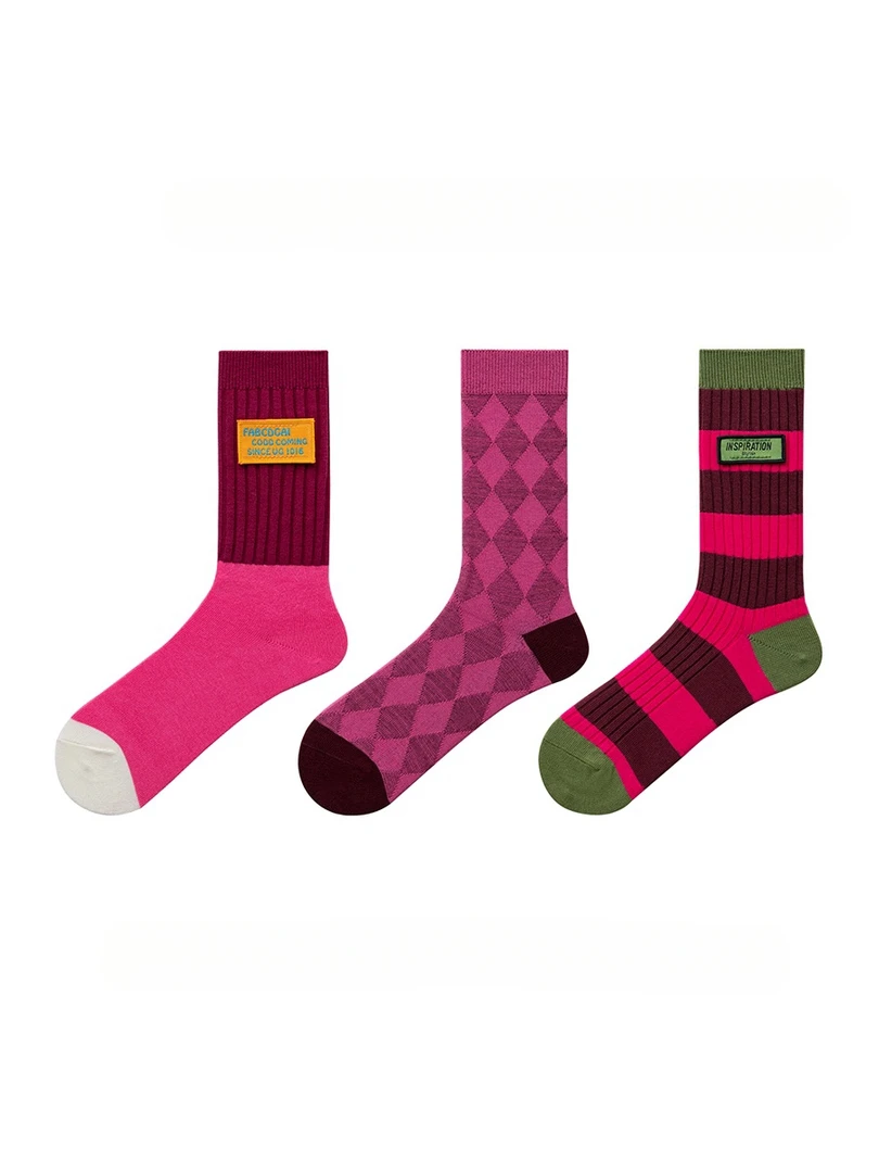 长袜女粉红色韩版中筒棉袜女双针拼接条纹菱格问复古潮流小众女袜
