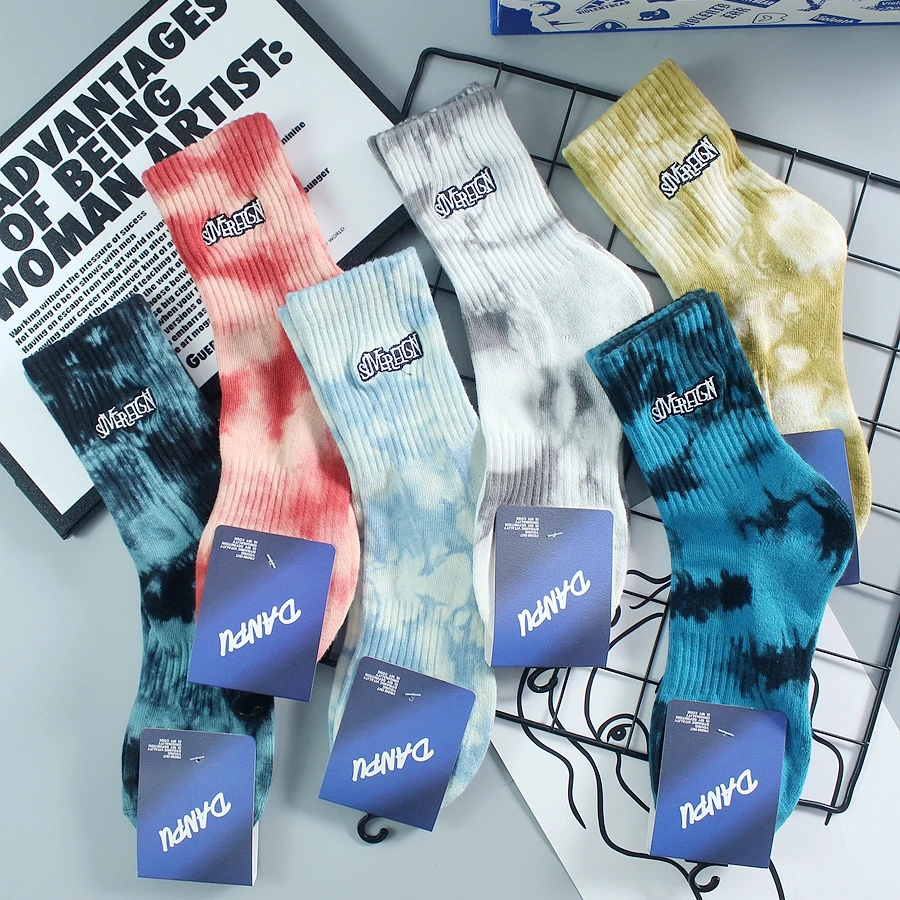 秋冬新款扎染袜子男中筒刺绣加厚保暖毛巾底棉袜街头潮运动长袜男