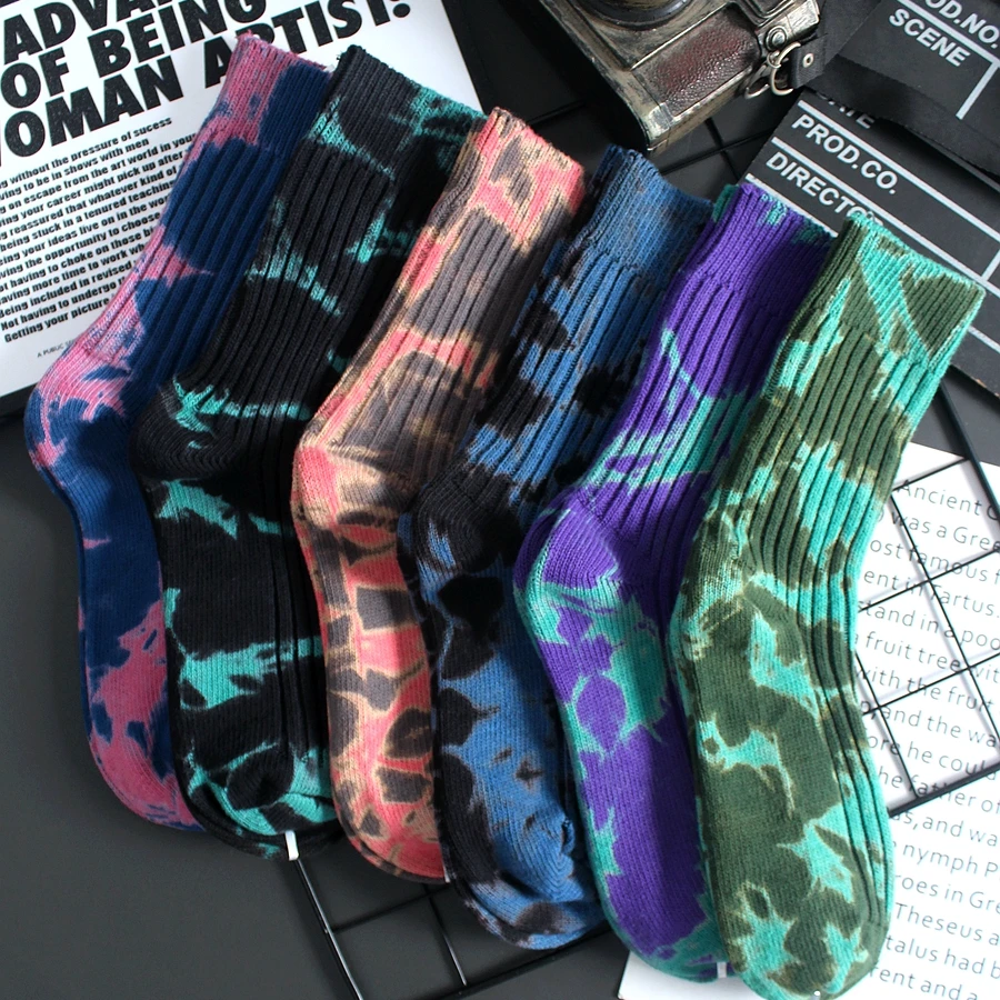 粗线针织复古风中筒男袜秋冬季新款撞色扎染高帮长袜潮流堆堆袜女