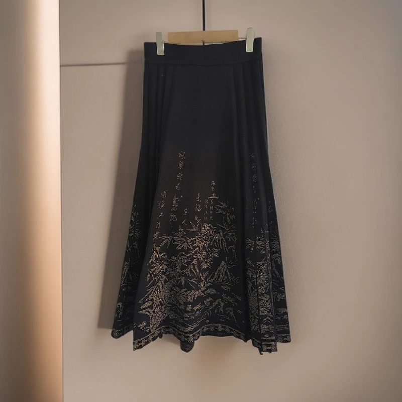 悦享女装2024冬季新款中式国风加厚针织马面裙松紧腰中长款半身裙