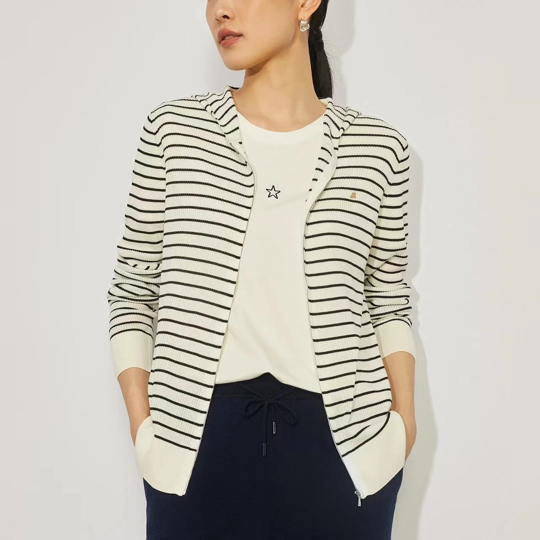 秋冬上新经典百搭细条纹帽衫细腻柔软长袖针织开衫