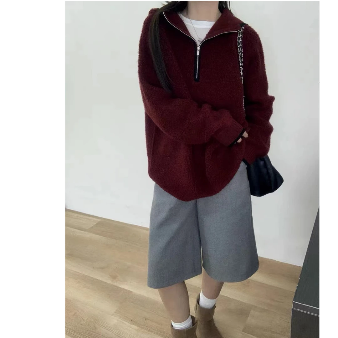 悦享女装2024秋季新款宽松慵懒风半拉链翻领毛衣加厚保暖针织上衣