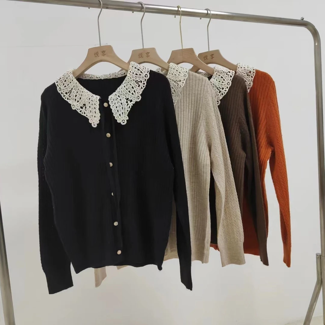 新款圆领甜美风镂空袖假开衫上衣娃娃领针织衫