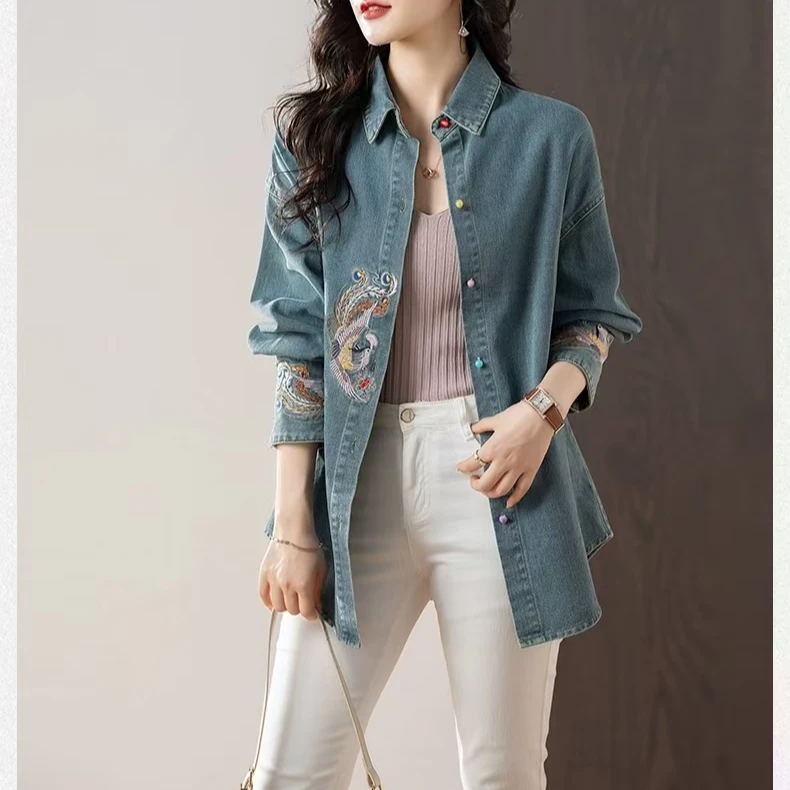 悦享女装2024秋季新款国风绣花水洗牛仔衬衫polo领衬衣中长款外套