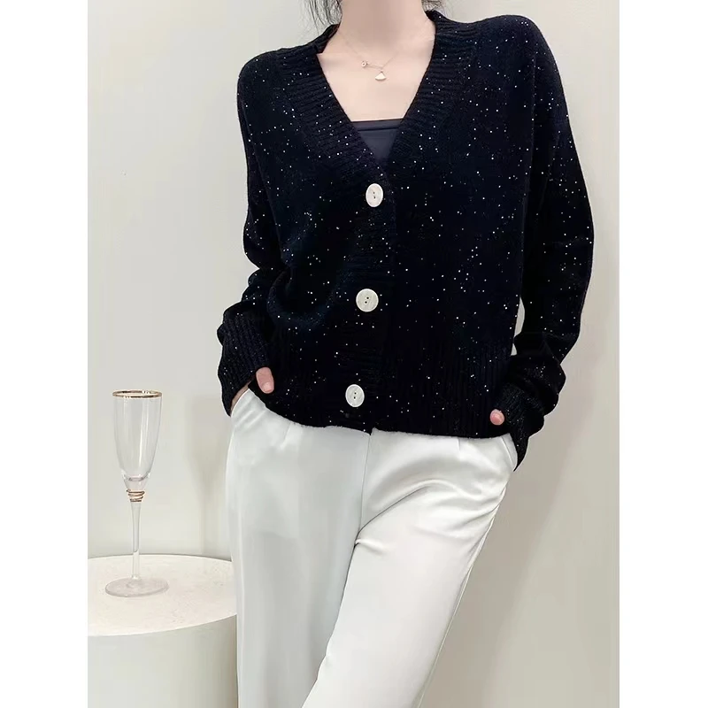 新款慵懒风复古V领外搭毛衣宽松亮片针织开衫