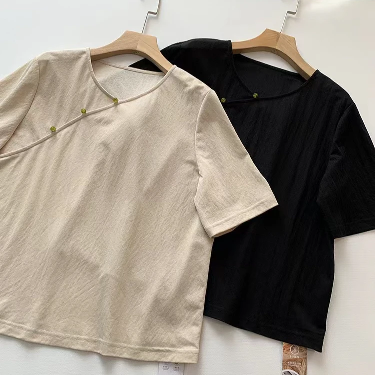 悦享女装2024春季新款大气有型亲肤中式盘扣斜门襟圆领短袖T恤