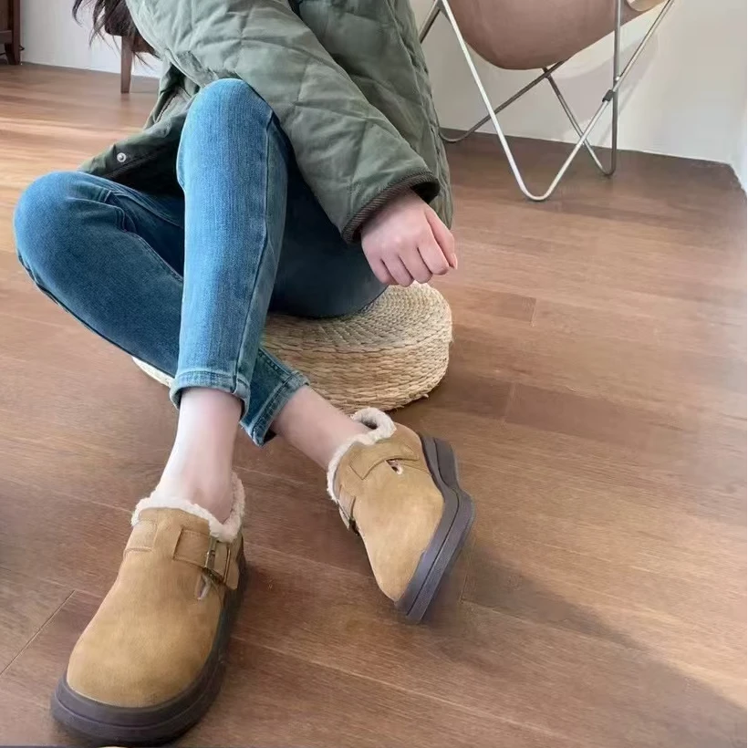 悦享女装2024冬季新款巨好穿保暖加绒全包羊羔毛勃肯鞋厚底雪地靴