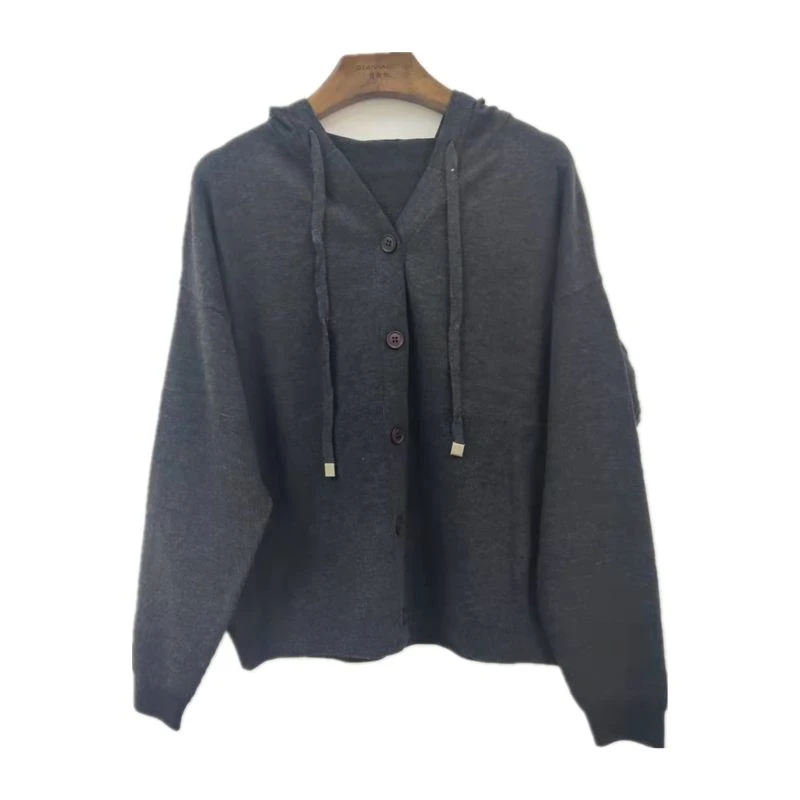 新款宽松显瘦连帽抽绳简约纯色单排扣针织开衫