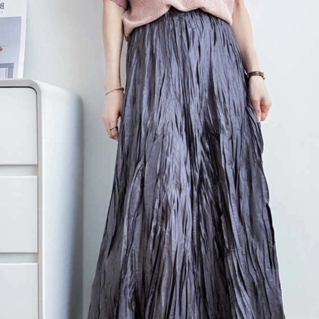 悦享女装2025夏季新款时尚百搭简约设计感褶皱光泽感松紧腰半身裙