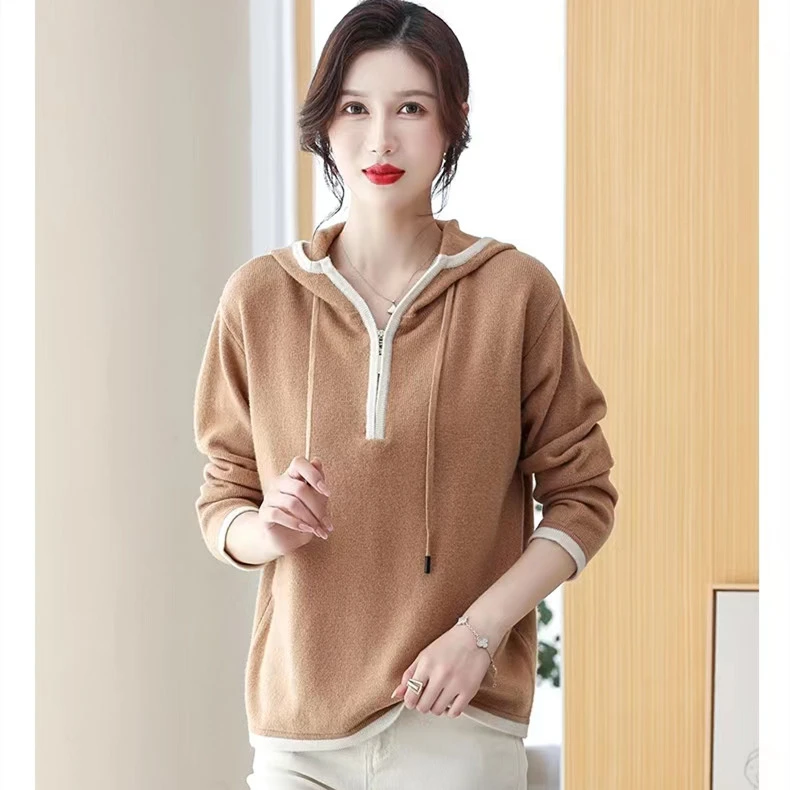 悦享女装2022冬季新款连帽拼色边半拉链抽绳宽松休闲加厚针织卫衣