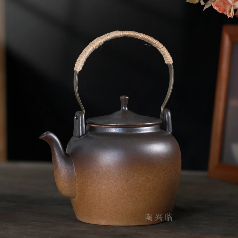 窑变提梁单陶壶粗陶煮茶壶家用可明火烧水壶大容量陶壶电陶炉陶壶