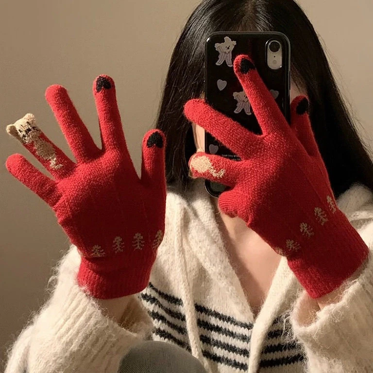 冬季触屏保暖防寒防风本命红加绒加厚手毛线针织骑行韩版学生可爱