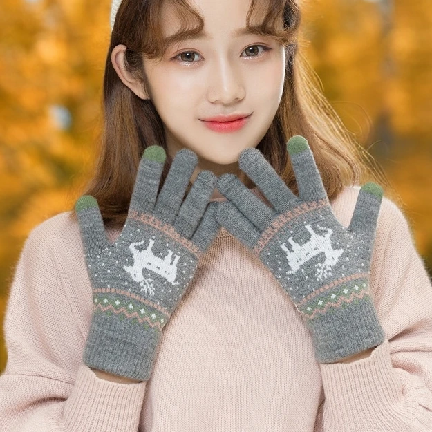 毛线保暖触屏手套男女款秋冬韩版小鹿双层加绒加厚卡通防风暖手套