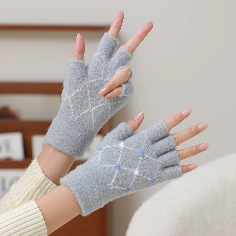手套女冬保暖防寒加厚半指手套露五指成人办公室收银学生上课韩版