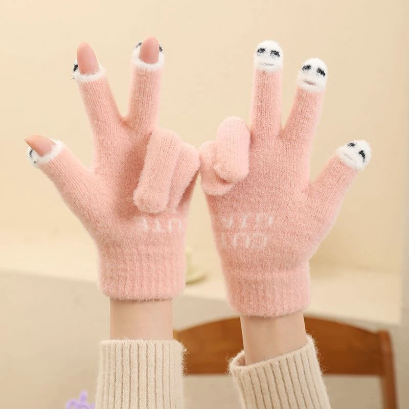 新款冬季手套女可爱触屏卡通保暖手套学生玩手机露指触屏骑车加厚