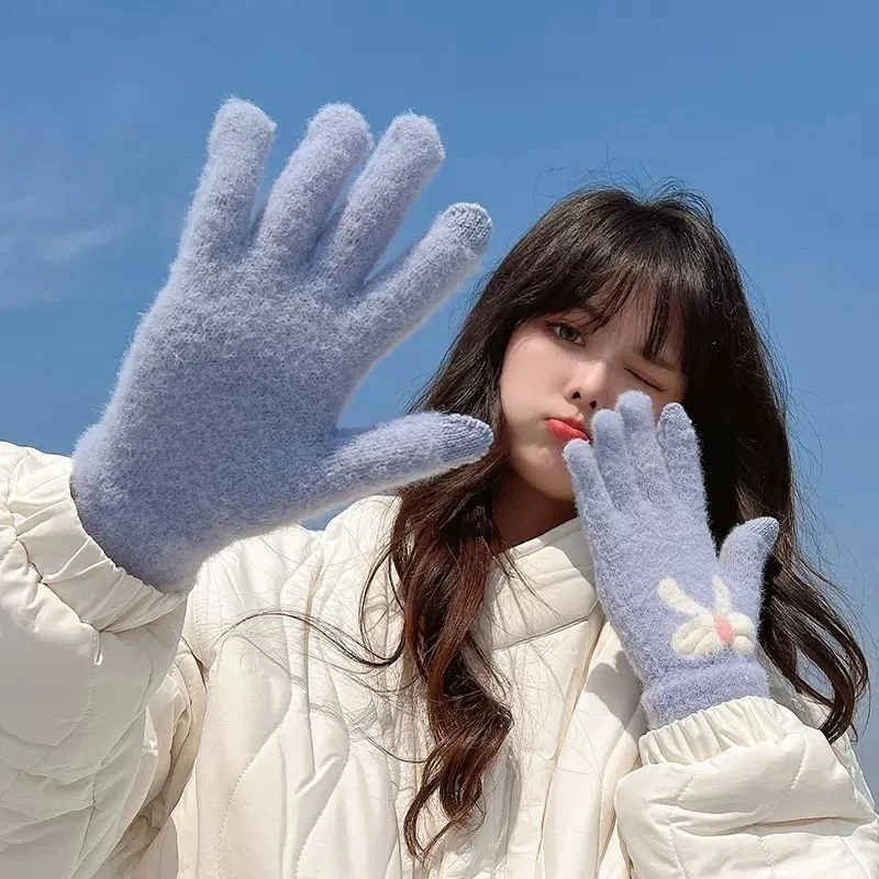 女士保暖手套加绒加厚毛绒网红韩版少女可触屏防冻秋冬季分指骑车