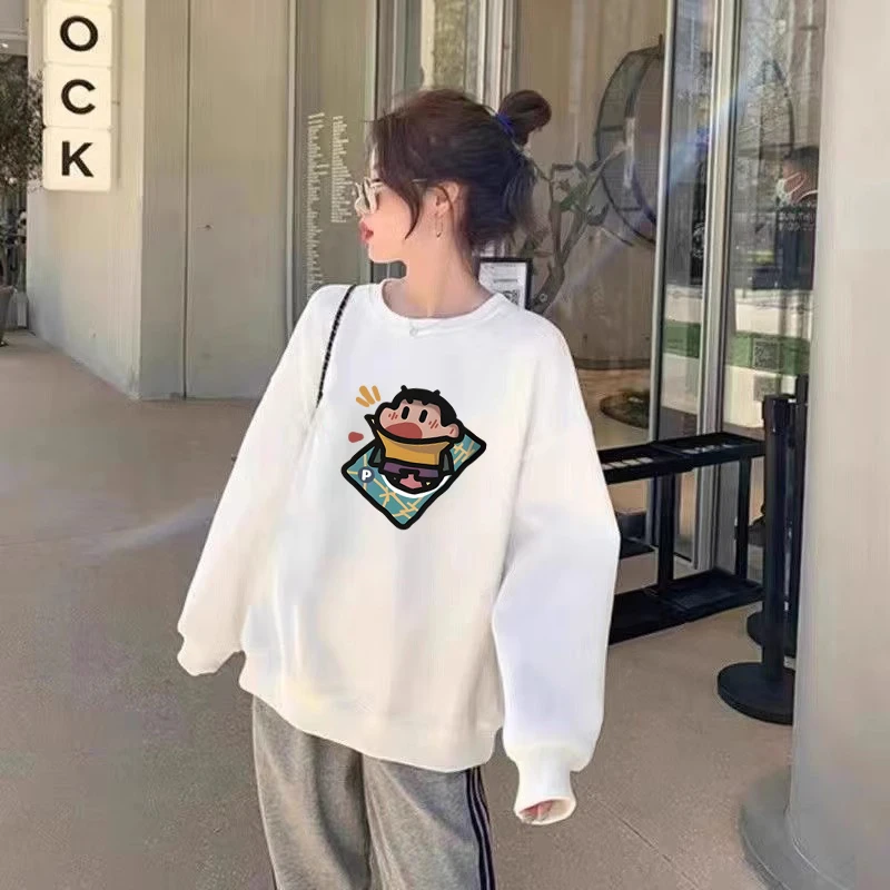 白色卡通棉圆领卫衣女秋冬2024新款爆款外套宽松慵懒风加厚上衣