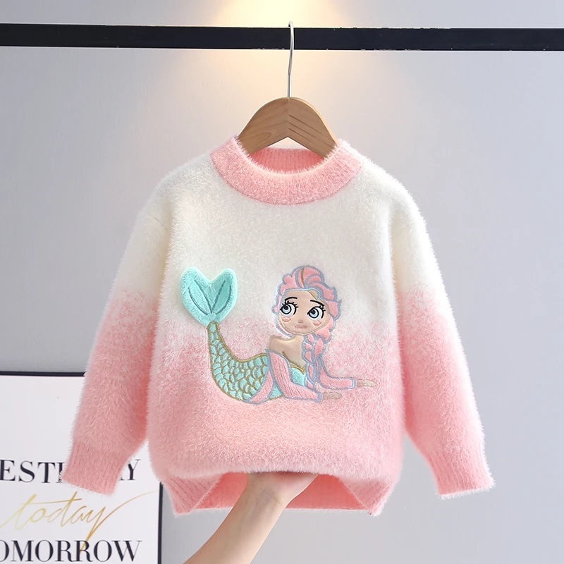 女童毛衣秋冬季2025新款中大儿童卡通加厚打底衫洋气水貂绒针织衫