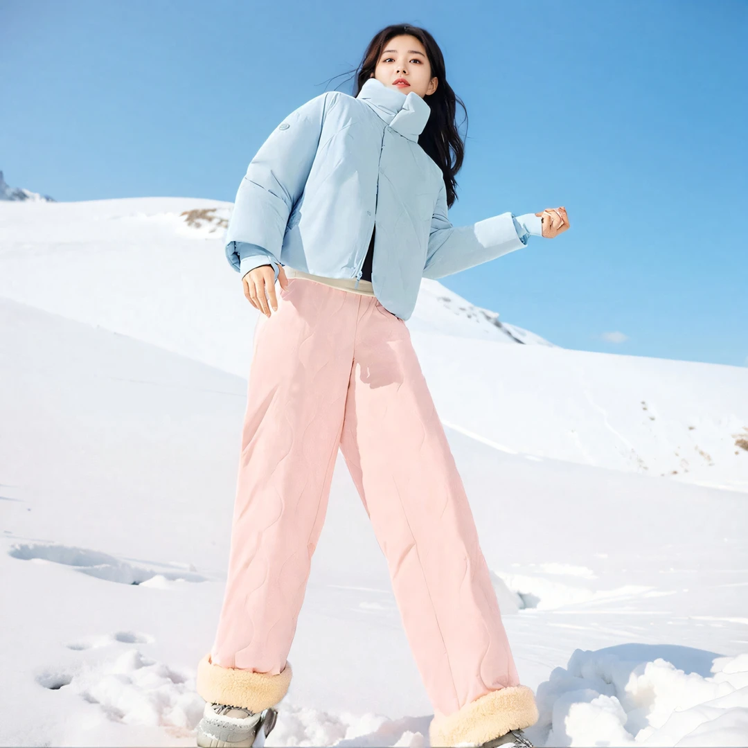 加绒加厚休闲裤女直筒棉裤秋冬新款拼接外穿防风防寒滑雪阔腿裤子