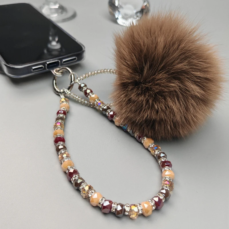 敦煌个性车轮晶珠款手机挂件可爱毛毛球挂饰百搭手工串珠手机链
