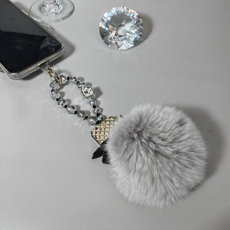 网红手工个性小香风创意毛球百搭黑色手机挂链ins