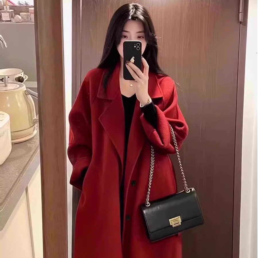 高个子女宽松大码加长款到脚踝大衣春秋红色大衣新款韩系毛呢外套