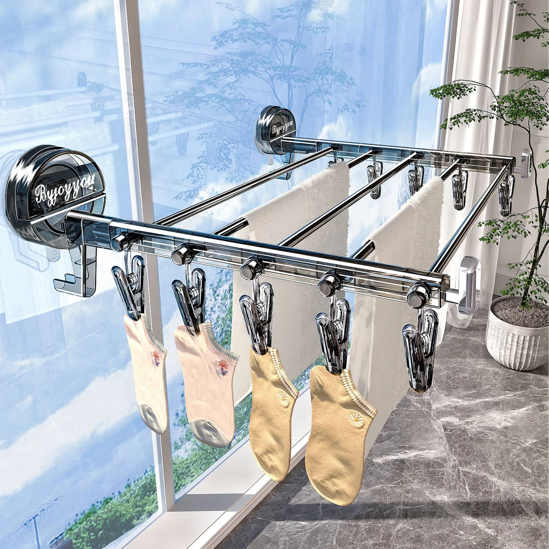 吸盘折叠晾衣架阳台家用晾衣神器室内飘窗晾衣杆免打孔内衣袜子架