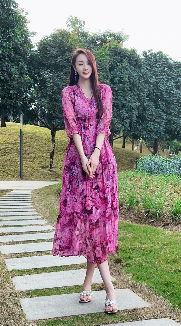 【24079浪漫满屋】高端时尚印花桑蚕丝显瘦真丝连衣裙长115