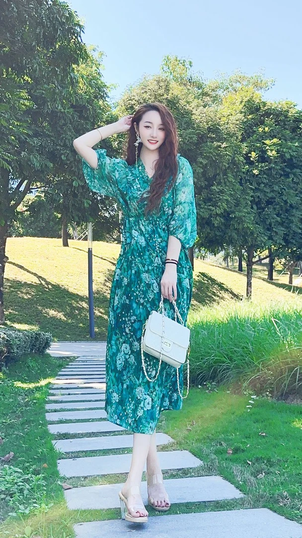 【24109花间令】高端时尚印花桑蚕丝显瘦复古真丝连衣裙长115