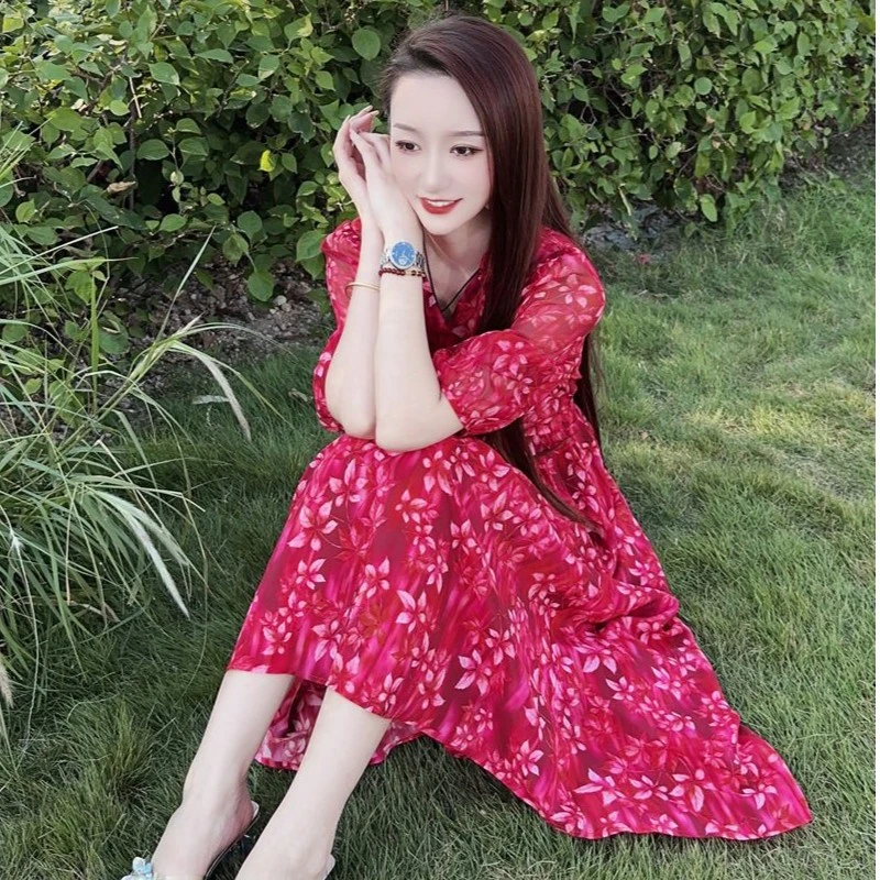 【24003枫林晚霞】正品真丝桑蚕丝气质时尚优雅真丝连衣裙长118