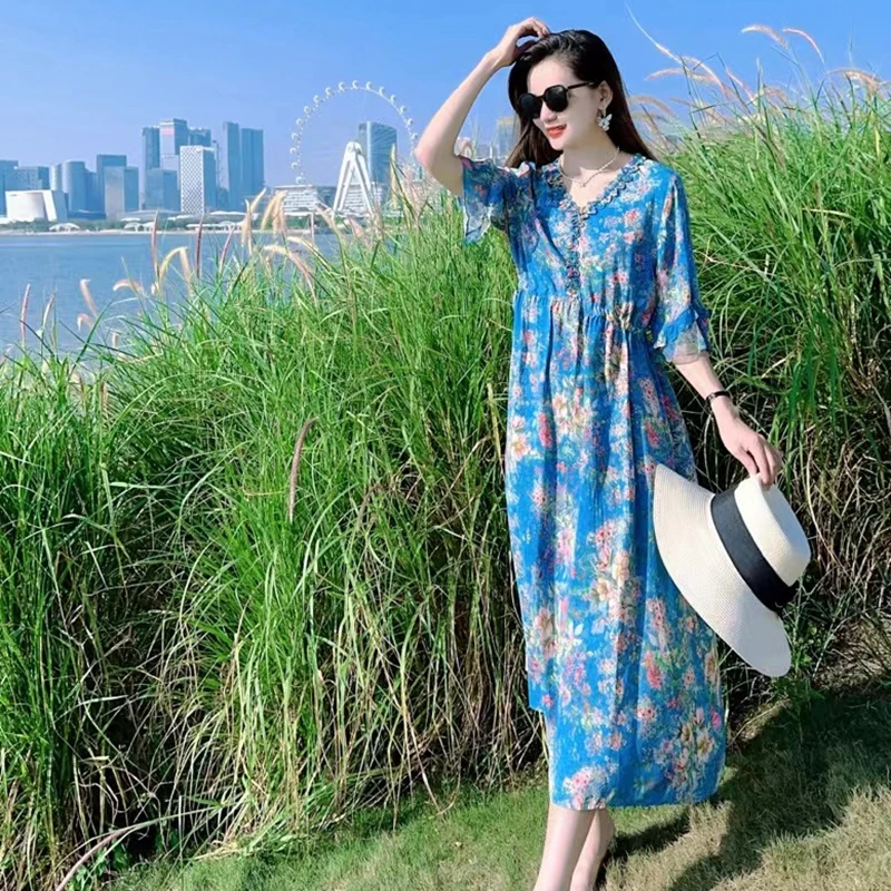 【24001蓝色传说】高端时尚印花桑蚕丝显瘦复古真丝连衣裙长117