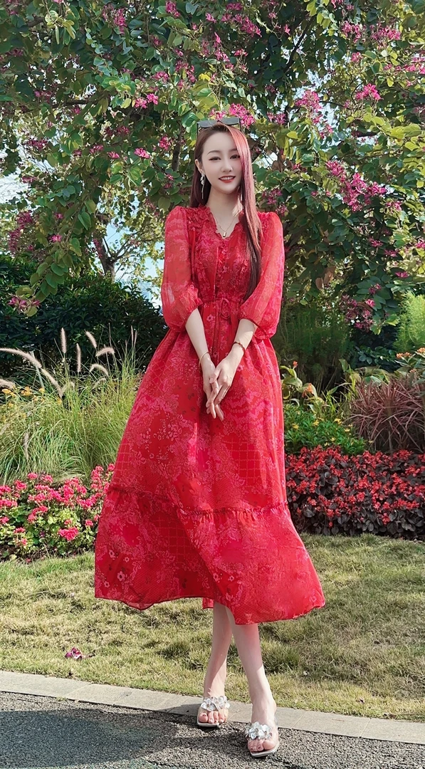 【24089烟雨红颜】高定定位印花2024新款时尚气质真丝连衣裙长120