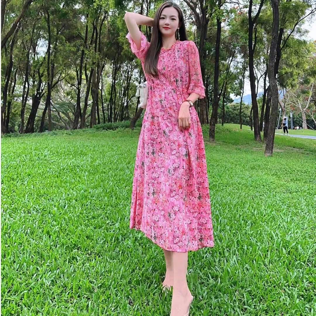 【2393一见钟情】 高端时尚桑蚕丝复古真丝连衣裙（裙长：115cm）