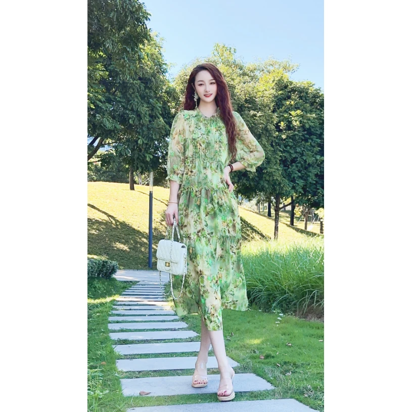 【24097微醺玫瑰】重工摺花时尚印花桑蚕丝显瘦复古真丝连衣裙长120