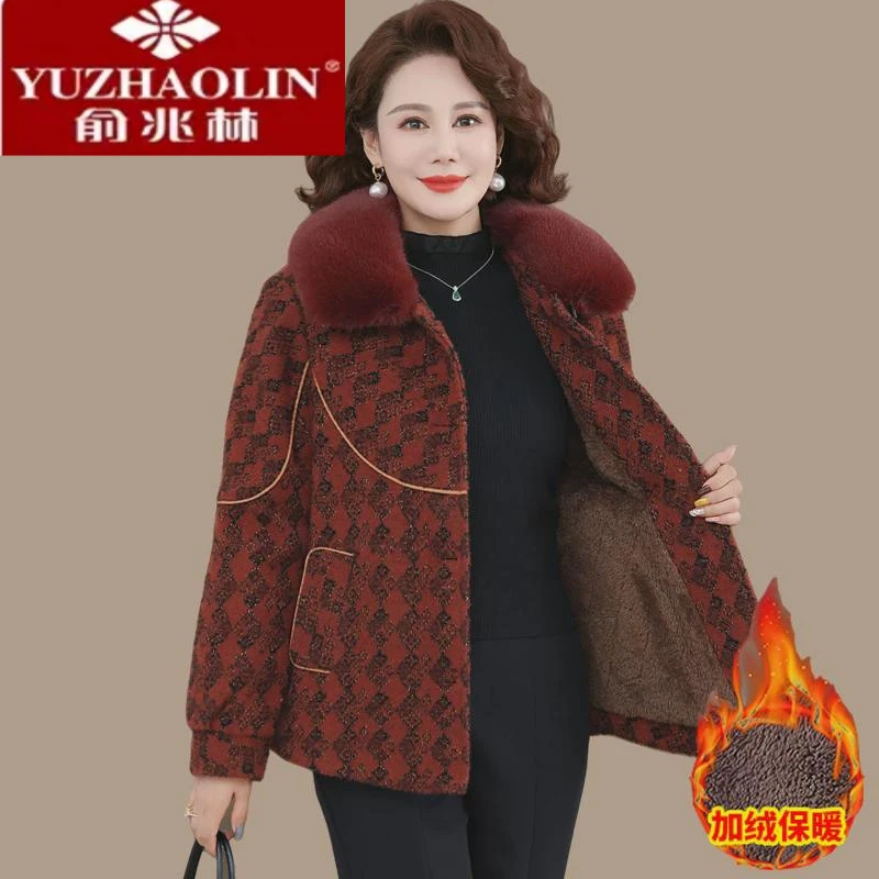 妈妈冬装水貂绒外套短款加绒加厚大衣新款中老年女秋冬毛呢子上衣