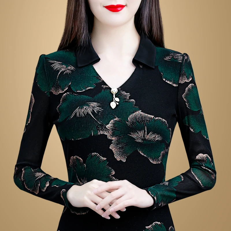 40099洋气小衫女2024年冬季新款保暖翻领网纱上衣修身气质打底衫