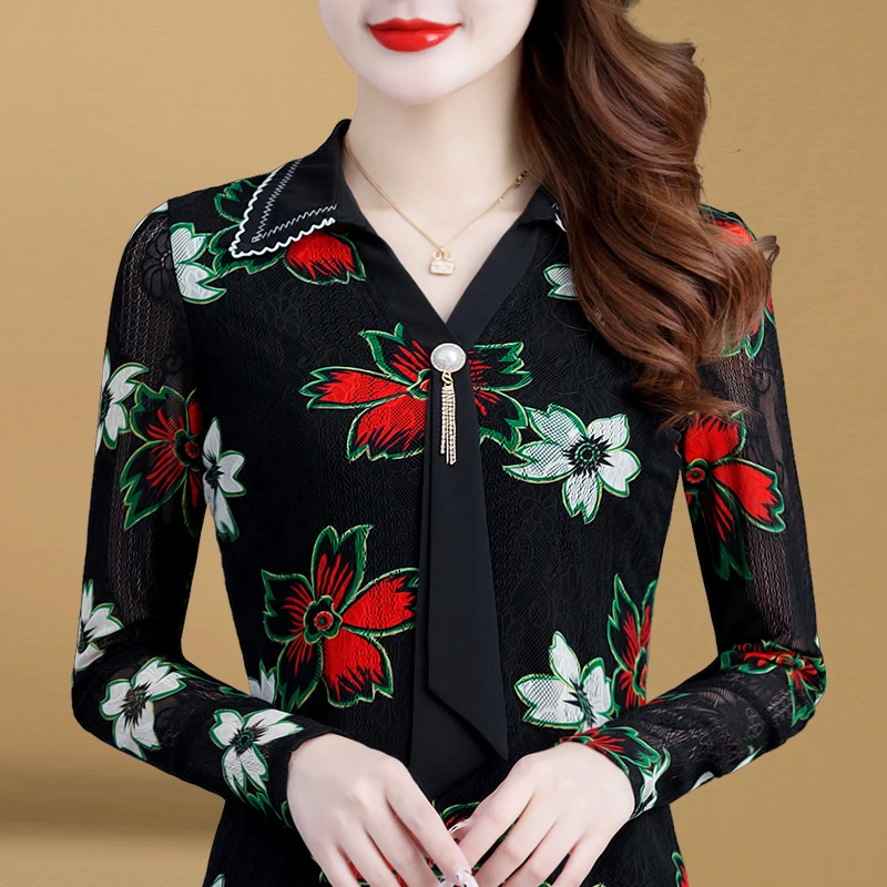 【品牌正品】6569翻领印花网纱衬衫2024新款长袖秋冬时尚洋气显瘦