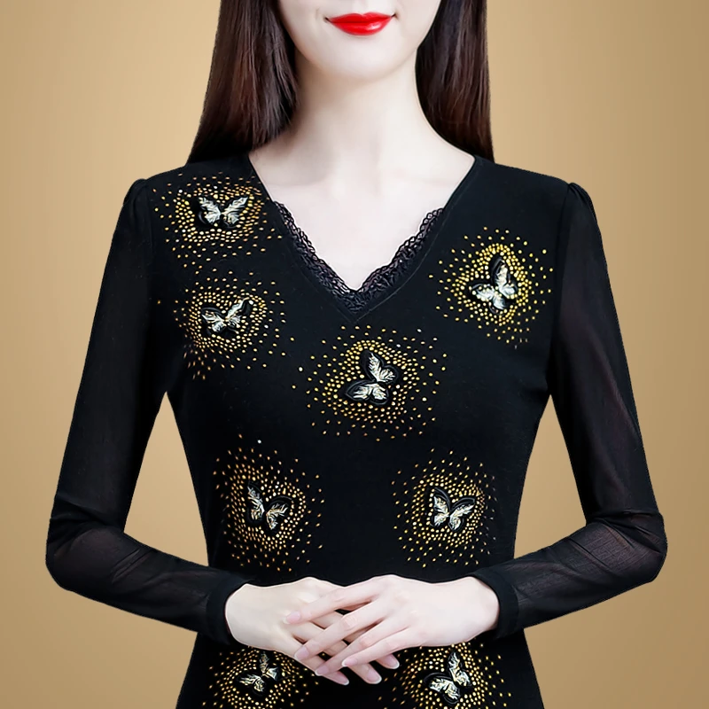 【断码特价】5193秋冬网纱上衣女长袖t恤2024秋新款加绒打底衫女