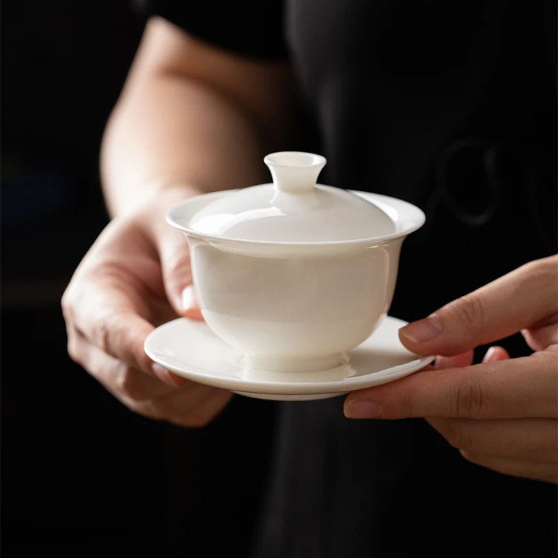 德化白瓷盖碗功夫茶具茶杯三才碗家用羊脂玉瓷泡茶陶瓷小号茶碗