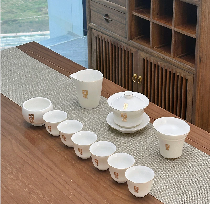 描金舍de11件盖碗套装 手工高档羊脂玉白瓷茶具套装  安全包装