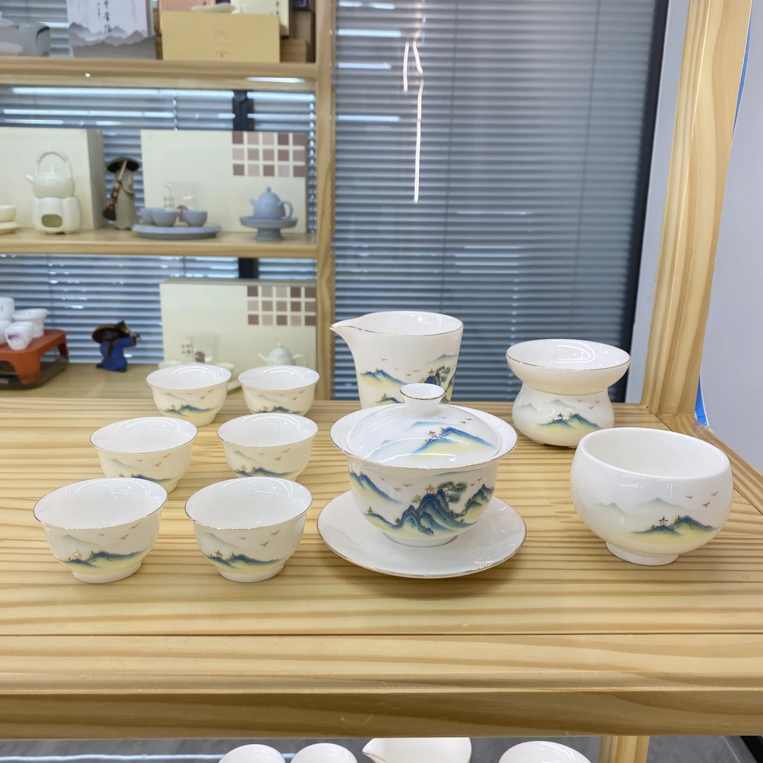 当代 描金千里江山宽口杯 11件盖碗套装  羊脂玉瓷茶具安全包装