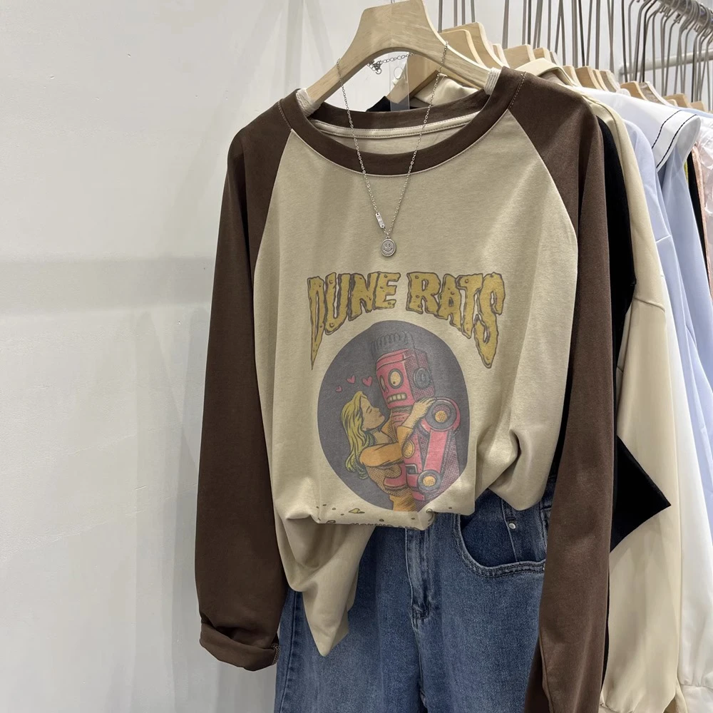 48h飞【南韩风~】软糯雪花棉插肩袖t恤女宽松趣味卡通减龄撞色上衣