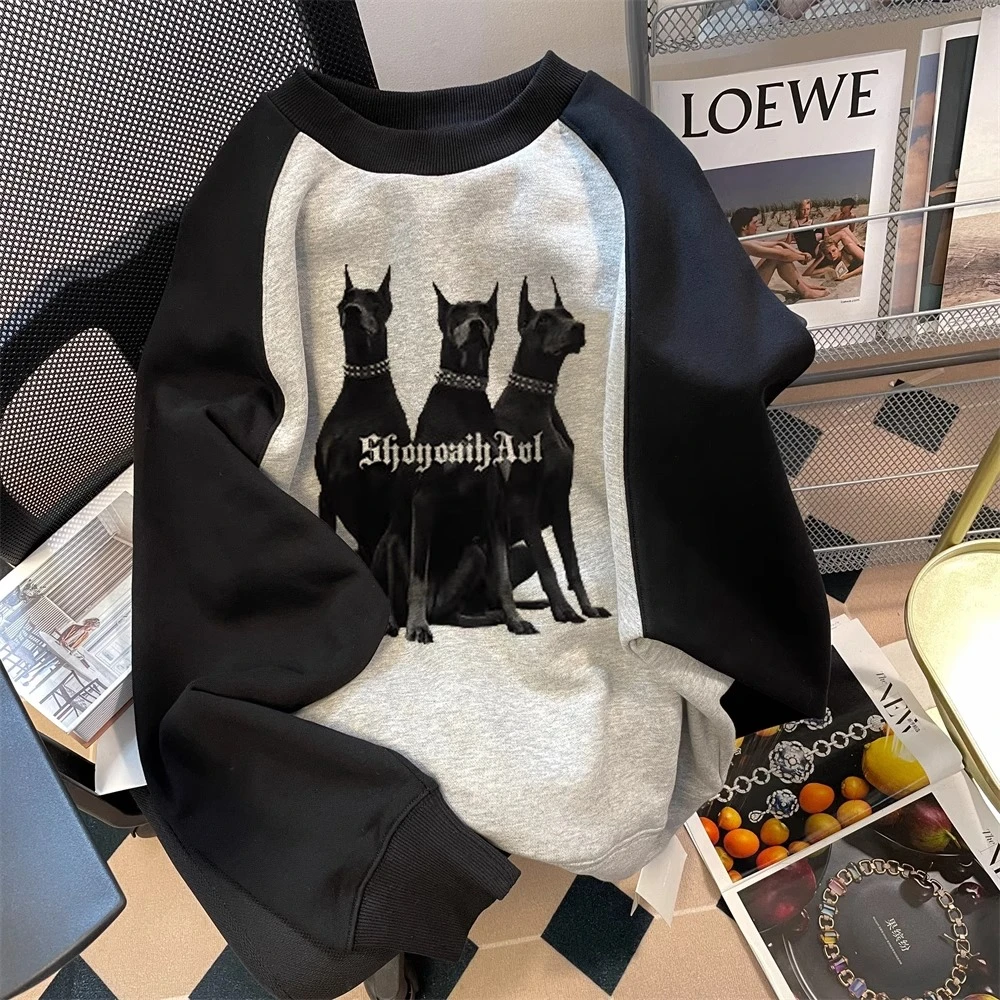 48h飞【三只杜宾犬】重磅插肩卫衣女宽松美式复古街头潮流撞色上衣